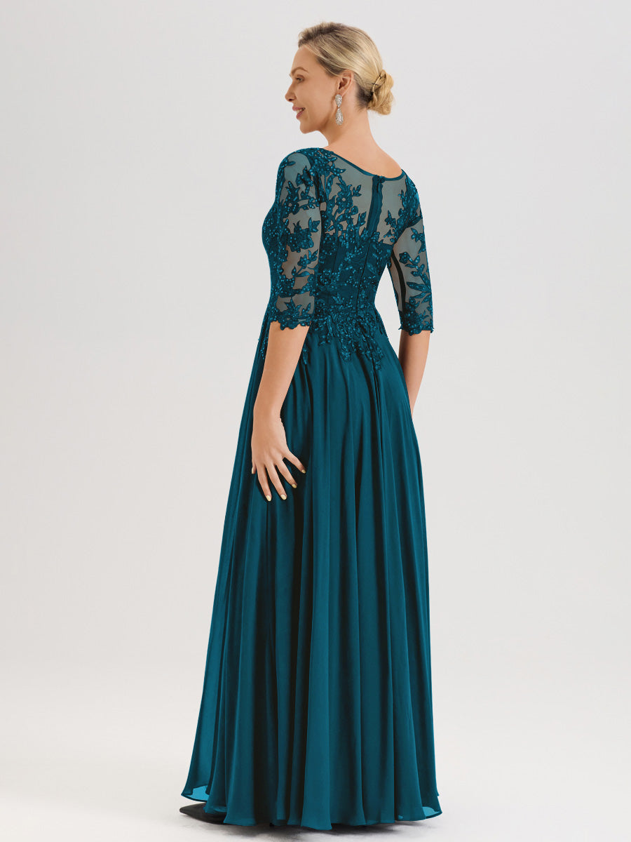 Cicinia Robe Mère De La Mariée Bleu Encre Longueur Au Sol En Chiffon Et Dentelle Décolleté En V À Manches Trois-Quarts