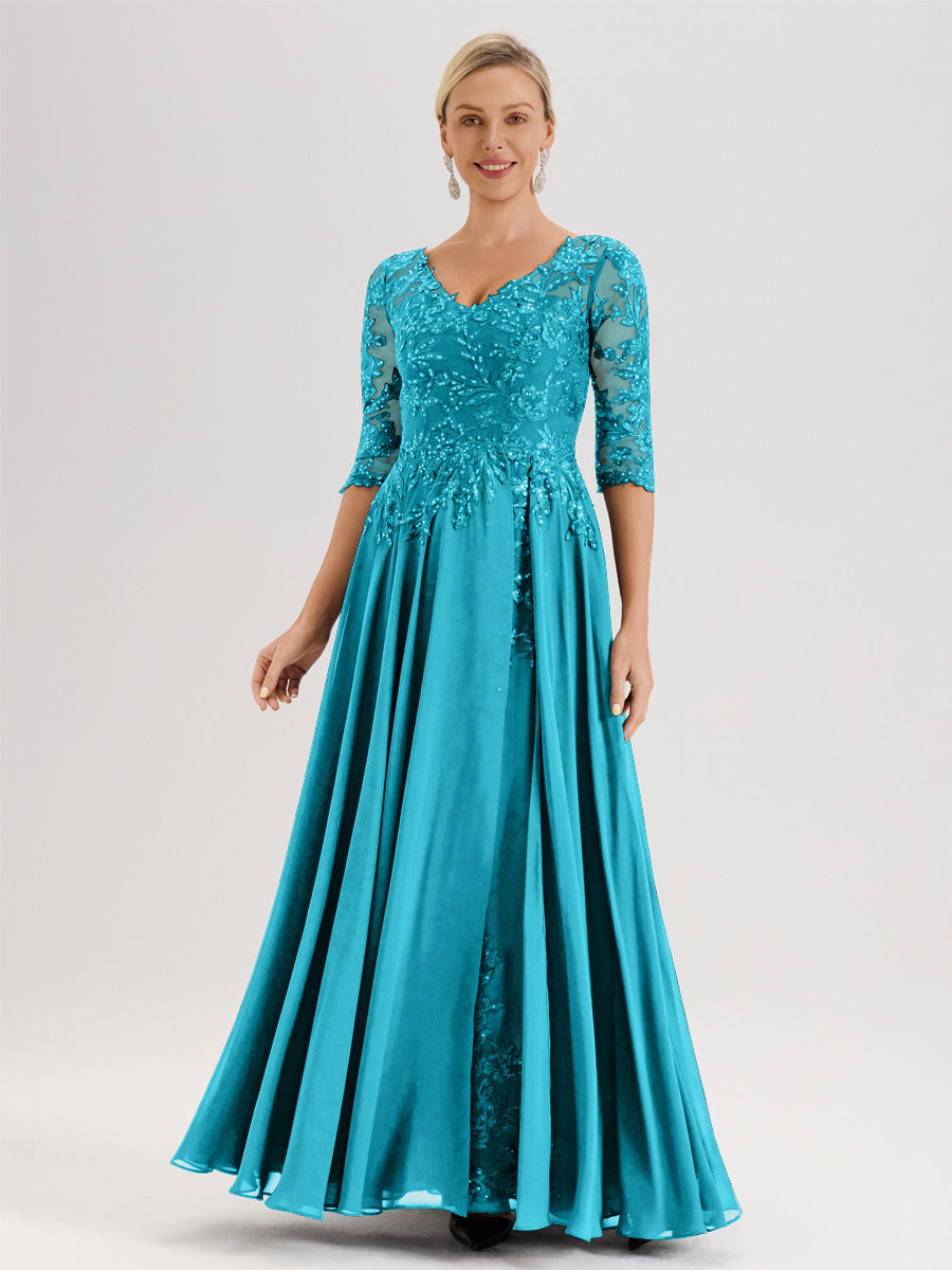 Cicinia Robe Mère De La Mariée Vert Jade Longueur Au Sol En Chiffon Et Dentelle Décolleté En V À Manches Trois-Quarts