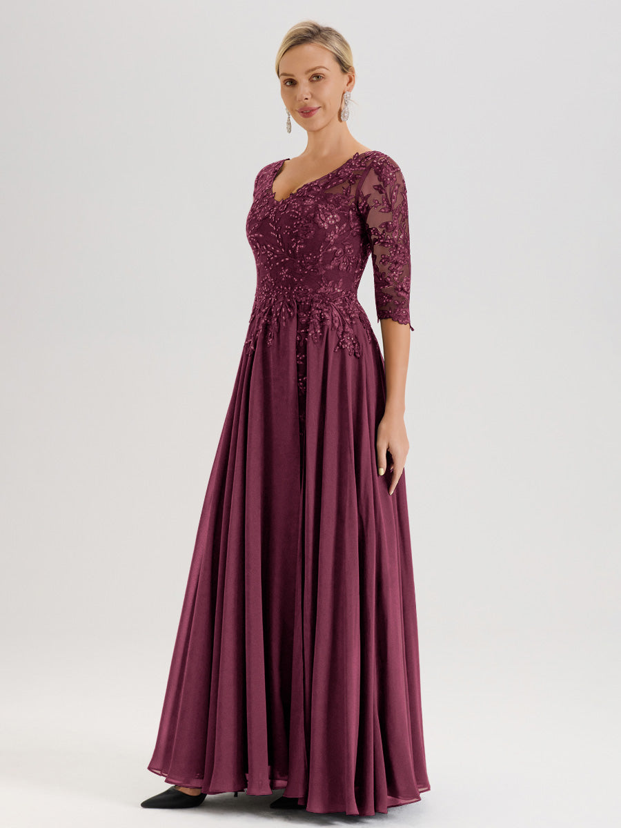 Cicinia Robe Mère De La Mariée Mûre Longueur Au Sol En Chiffon Et Dentelle Décolleté En V À Manches Trois-Quarts