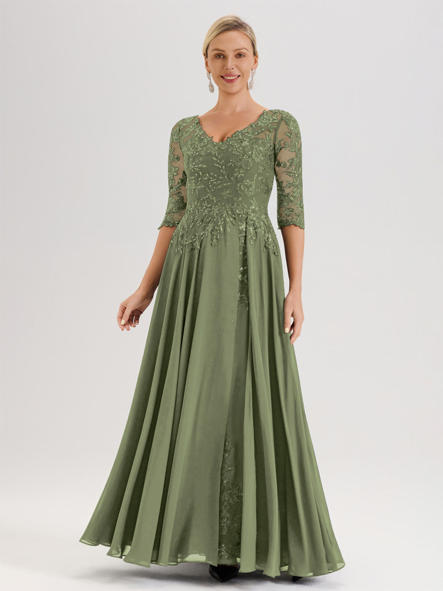 Cicinia Robe Mère De La Mariée Olive Longueur Au Sol En Chiffon Et Dentelle Décolleté En V À Manches Trois-Quarts