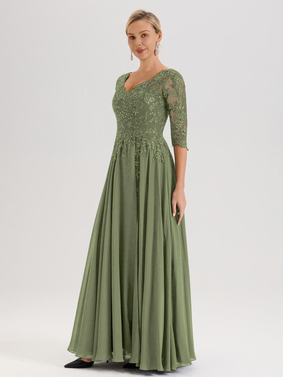 Cicinia Robe Mère De La Mariée Olive Longueur Au Sol En Chiffon Et Dentelle Décolleté En V À Manches Trois-Quarts