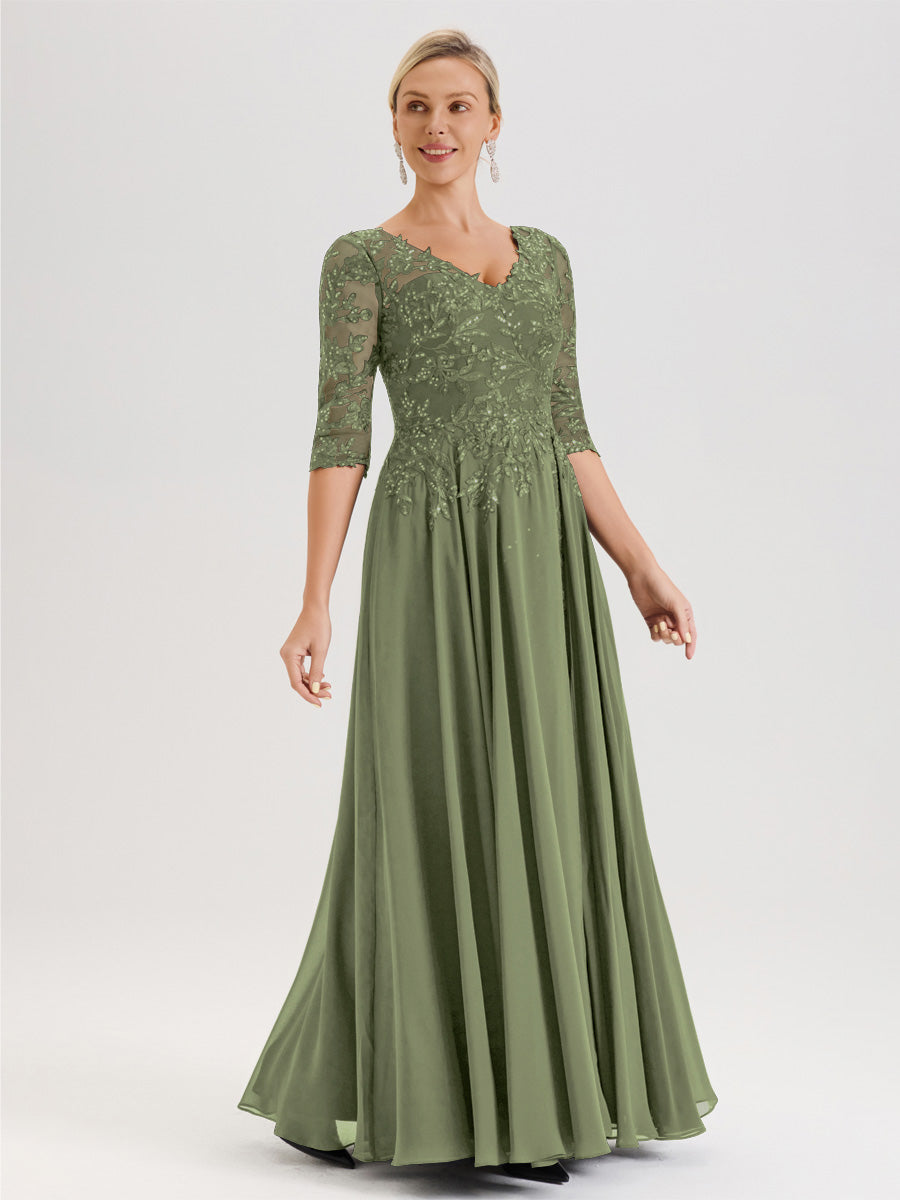 Cicinia Robe Mère De La Mariée Olive Longueur Au Sol En Chiffon Et Dentelle Décolleté En V À Manches Trois-Quarts