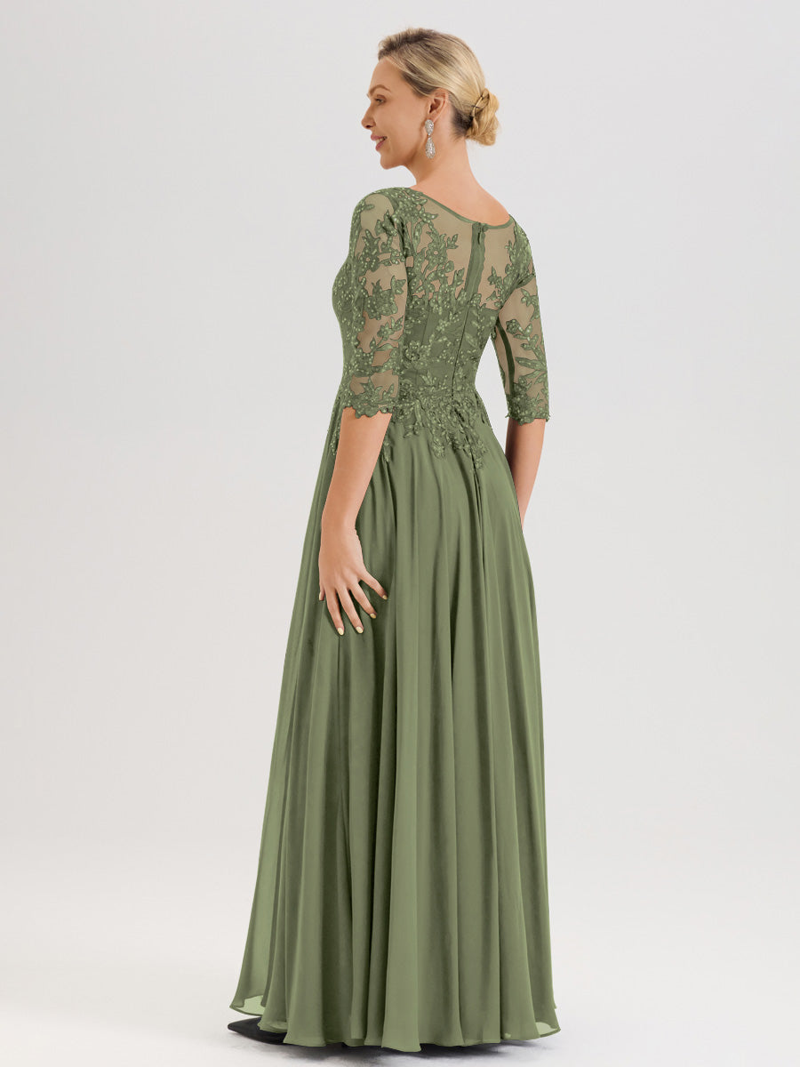 Cicinia Robe Mère De La Mariée Olive Longueur Au Sol En Chiffon Et Dentelle Décolleté En V À Manches Trois-Quarts