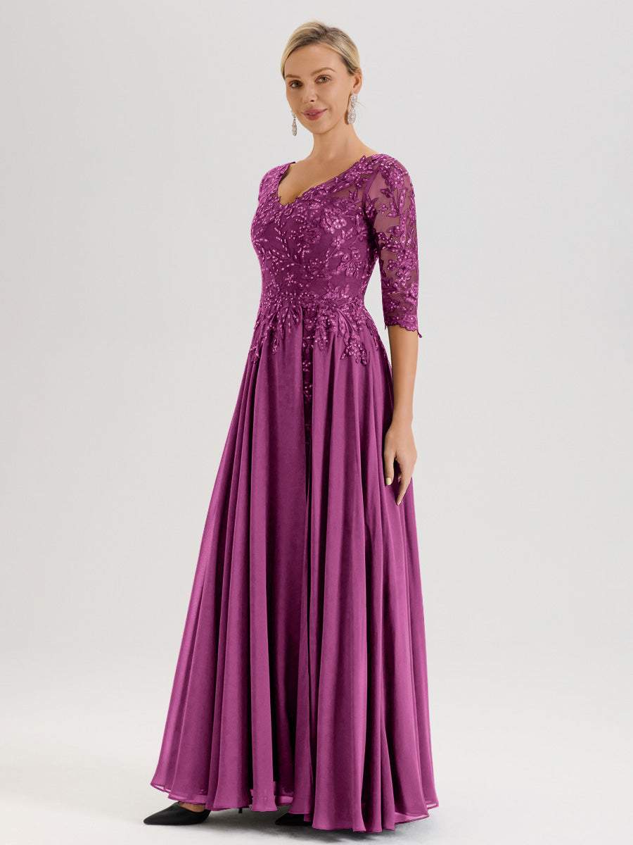 Cicinia Robe Mère De La Mariée Orchidée Longueur Au Sol En Chiffon Et Dentelle Décolleté En V À Manches Trois-Quarts