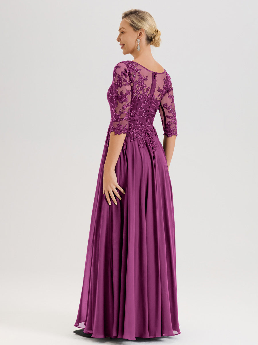 Cicinia Robe Mère De La Mariée Orchidée Longueur Au Sol En Chiffon Et Dentelle Décolleté En V À Manches Trois-Quarts