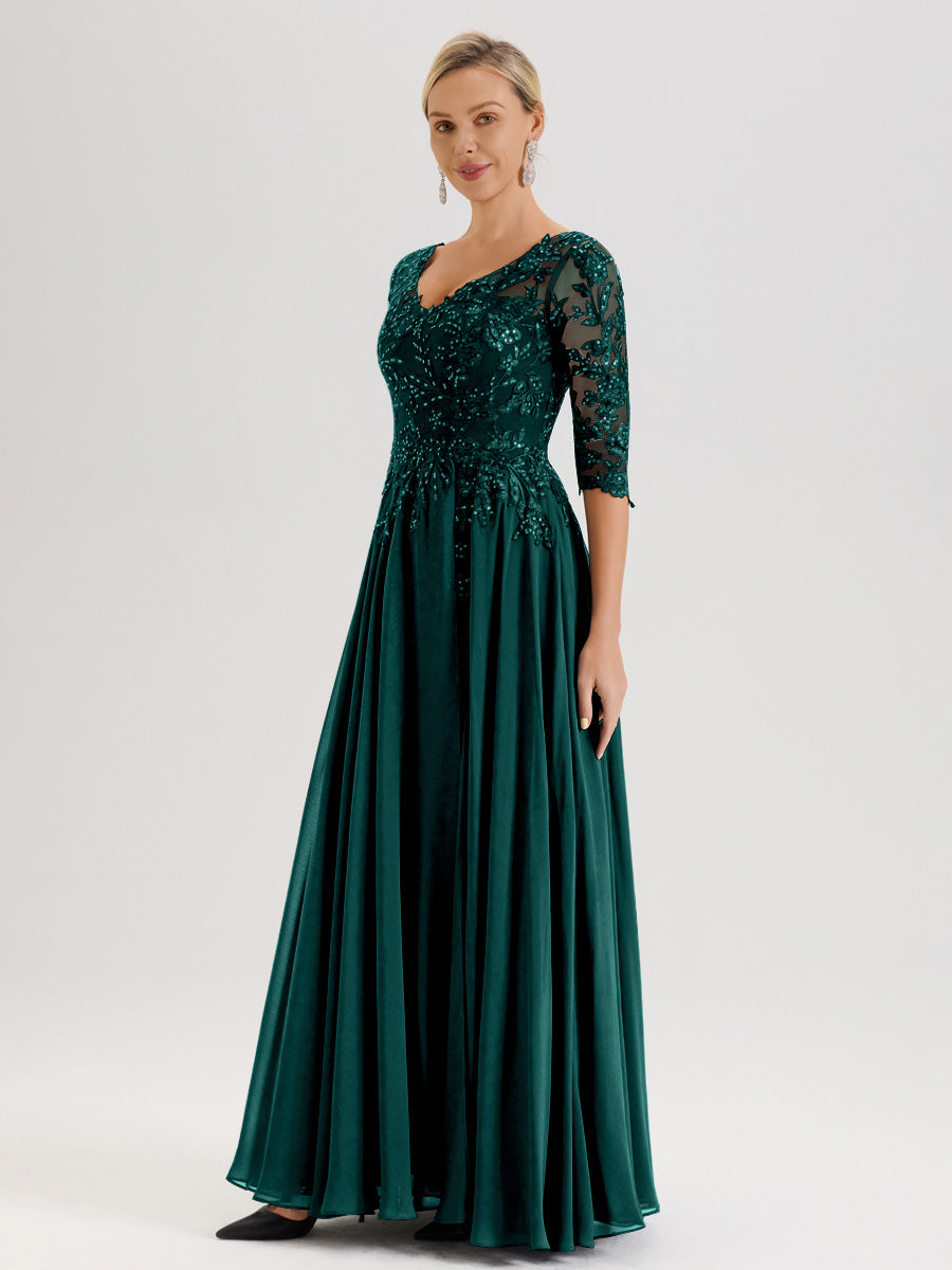 Cicinia Robe Mère De La Mariée Paon Longueur Au Sol En Chiffon Et Dentelle Décolleté En V À Manches Trois-Quarts