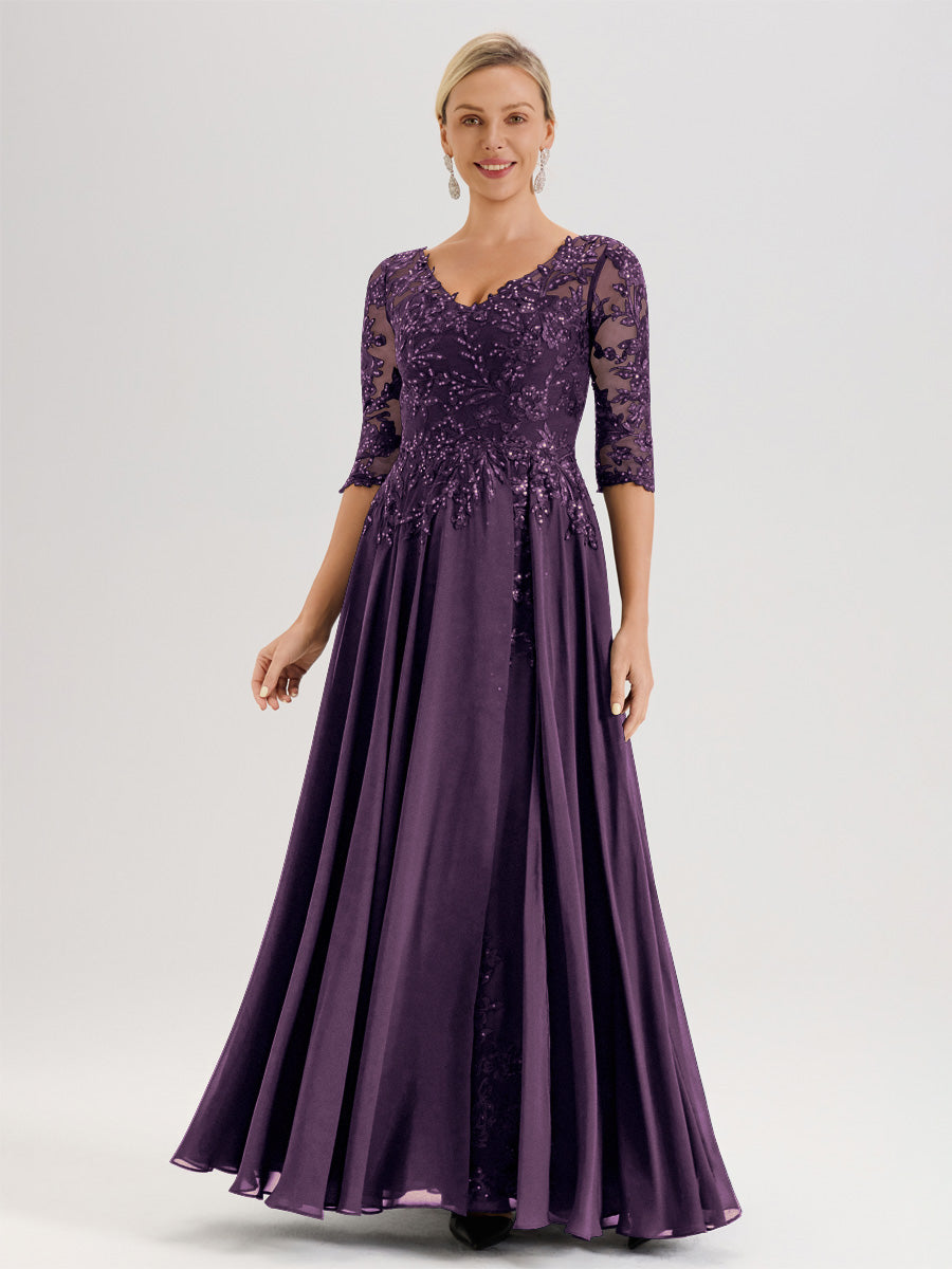 Cicinia Robe Mère De La Mariée En Plum Longueur Au Sol En Chiffon Et Dentelle Décolleté En V À Manches Trois-Quarts