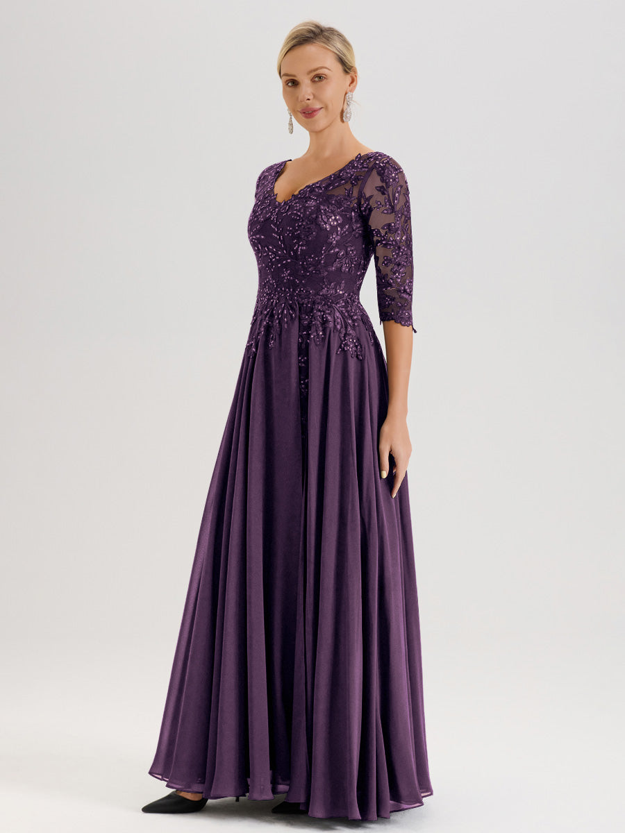 Cicinia Robe Mère De La Mariée En Plum Longueur Au Sol En Chiffon Et Dentelle Décolleté En V À Manches Trois-Quarts