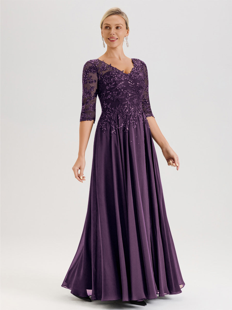 Cicinia Robe Mère De La Mariée En Plum Longueur Au Sol En Chiffon Et Dentelle Décolleté En V À Manches Trois-Quarts