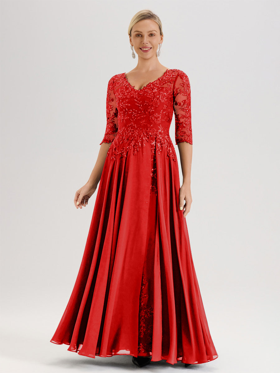 Cicinia Robe Mère De La Mariée Rouge Longueur Au Sol En Chiffon Et Dentelle Décolleté En V À Manches Trois-Quarts