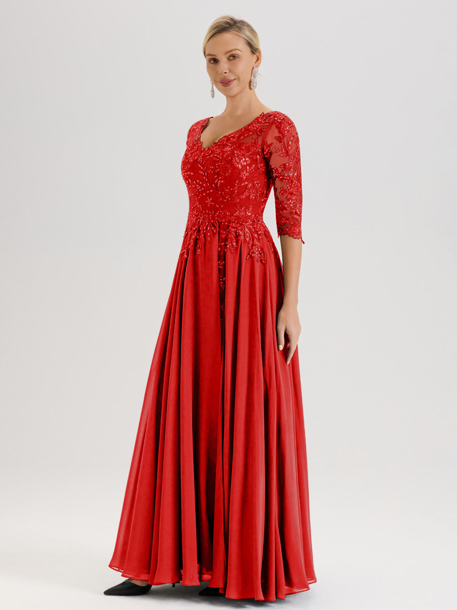 Cicinia Robe Mère De La Mariée Rouge Longueur Au Sol En Chiffon Et Dentelle Décolleté En V À Manches Trois-Quarts