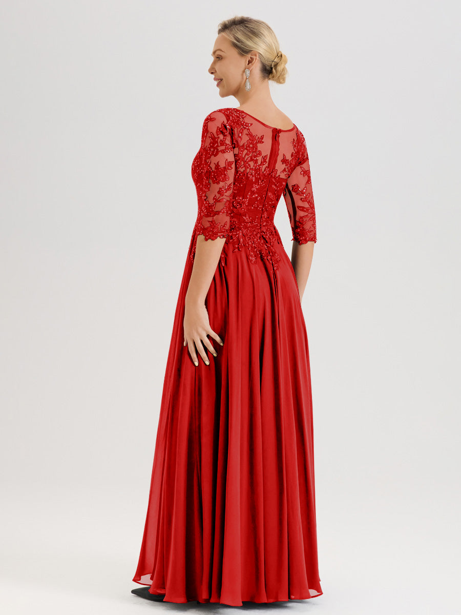 Cicinia Robe Mère De La Mariée Rouge Longueur Au Sol En Chiffon Et Dentelle Décolleté En V À Manches Trois-Quarts