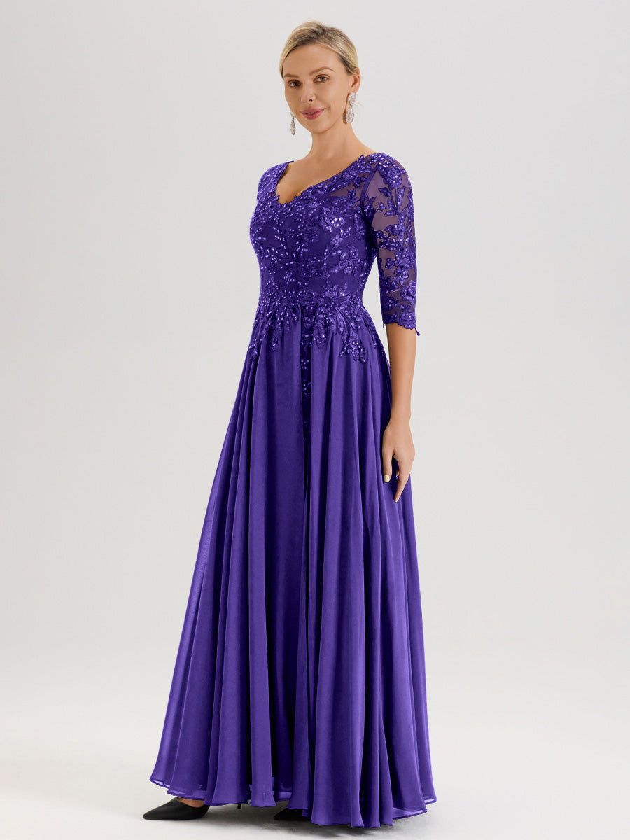 Cicinia Robe Mère De La Mariée En Régence Longueur Au Sol En Chiffon Et Dentelle Décolleté En V À Manches Trois-Quarts