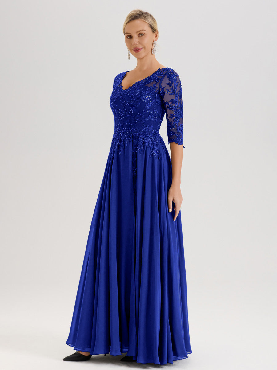 Cicinia Robe Mère De La Mariée Bleu Royal Longueur Au Sol En Chiffon Et Dentelle Décolleté En V À Manches Trois-Quarts