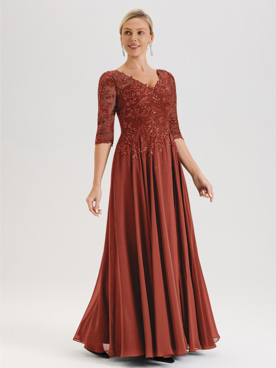 Cicinia Robe Mère De La Mariée Couleur Rouille Longueur Au Sol En Chiffon Et Dentelle Décolleté En V À Manches Trois-Quarts