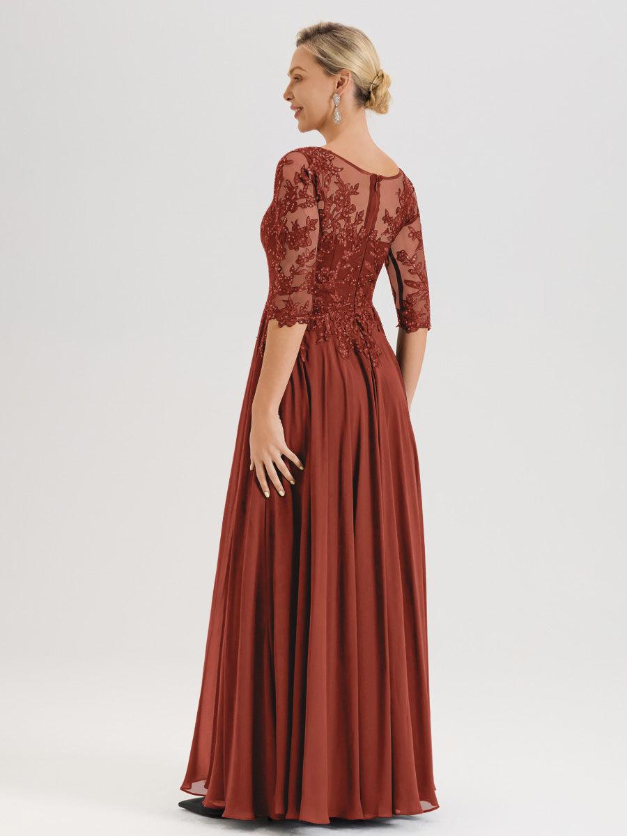Cicinia Robe Mère De La Mariée Couleur Rouille Longueur Au Sol En Chiffon Et Dentelle Décolleté En V À Manches Trois-Quarts