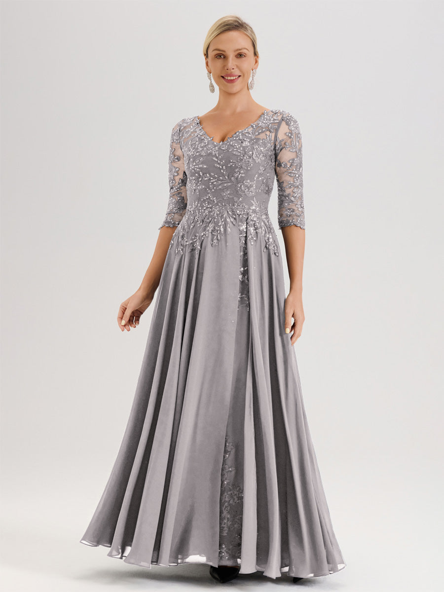 Cicinia Robe Mère De La Mariée Argenté Longueur Au Sol En Chiffon Et Dentelle Décolleté En V À Manches Trois-Quarts