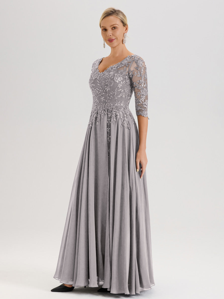 Cicinia Robe Mère De La Mariée Argenté Longueur Au Sol En Chiffon Et Dentelle Décolleté En V À Manches Trois-Quarts