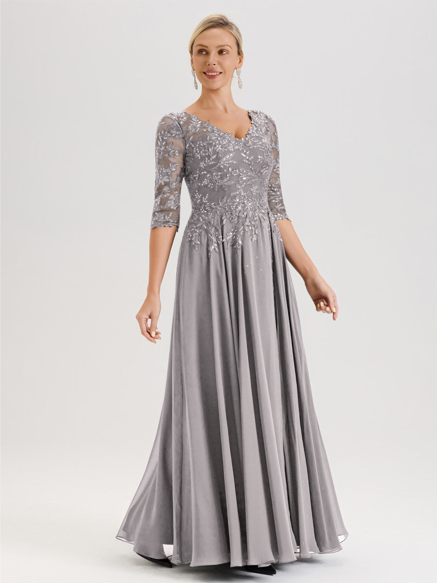Cicinia Robe Mère De La Mariée Argenté Longueur Au Sol En Chiffon Et Dentelle Décolleté En V À Manches Trois-Quarts