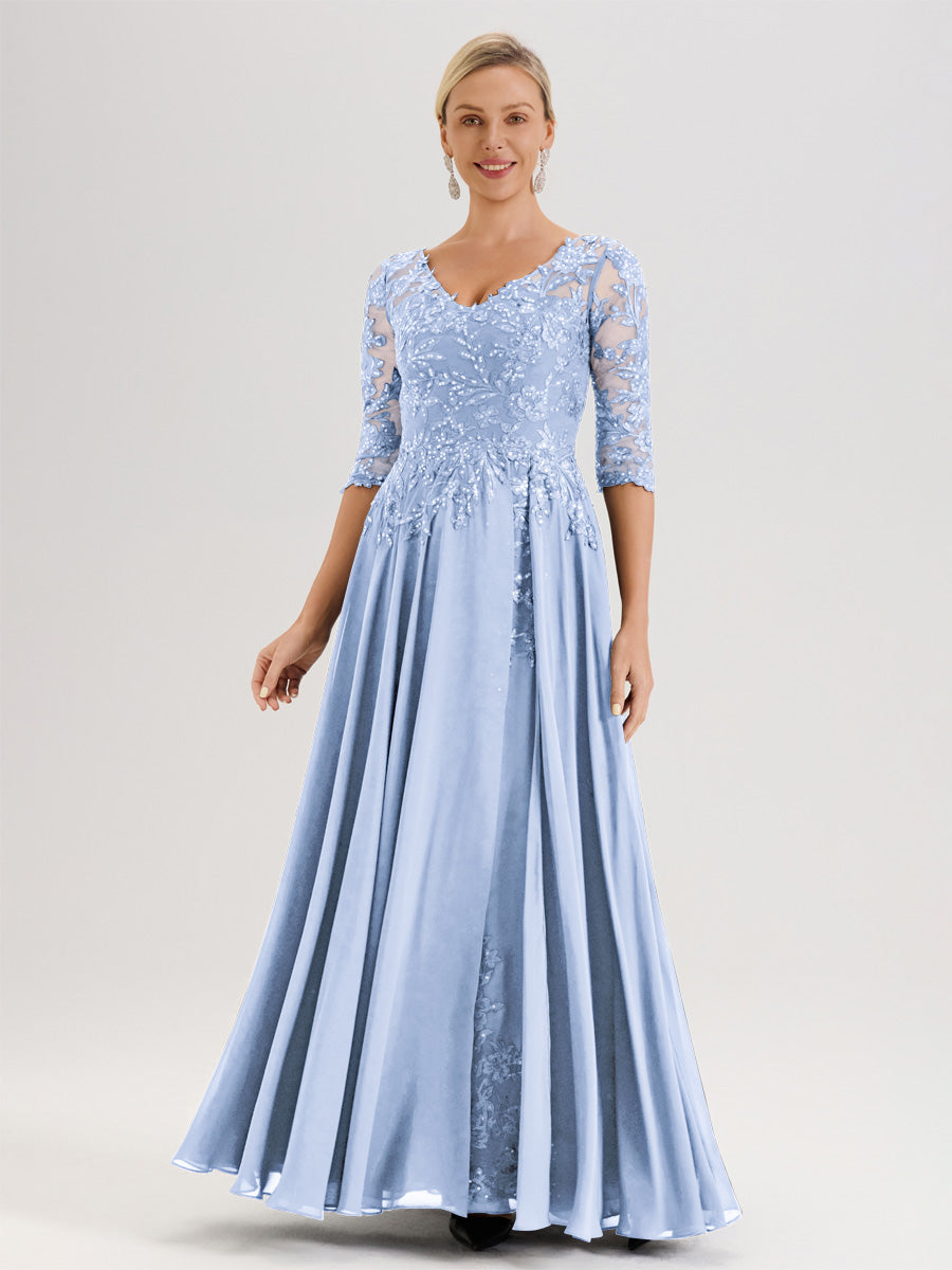 Cicinia Robe Mère De La Mariée Bleu Ciel Longueur Au Sol En Chiffon Et Dentelle Décolleté En V À Manches Trois-Quarts