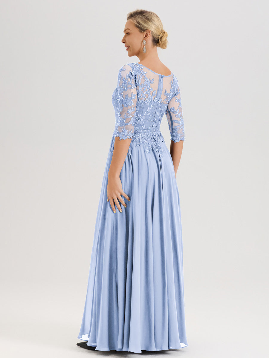 Cicinia Robe Mère De La Mariée Bleu Ciel Longueur Au Sol En Chiffon Et Dentelle Décolleté En V À Manches Trois-Quarts