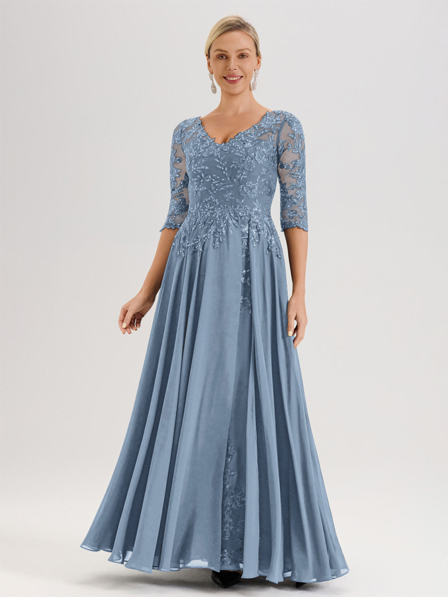 Cicinia Robe Mère De La Mariée Bleu De Schiste Longueur Au Sol En Chiffon Et Dentelle Décolleté En V À Manches Trois-Quarts
