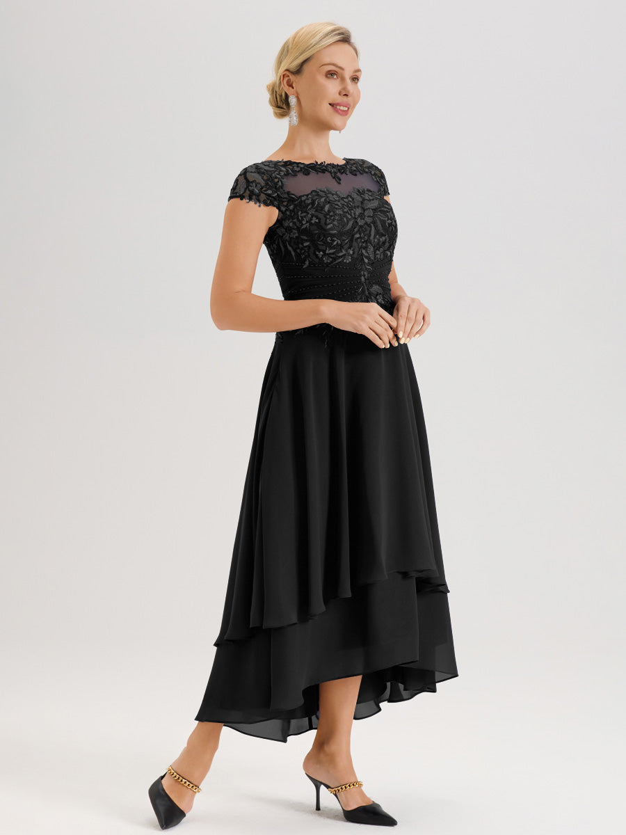 Cicinia Mère De La Mariée Noir Col Ras Du Cou Avec Jupe À Ourlet Asymétrique En Chiffon Et Dentelle Longueur Cheville