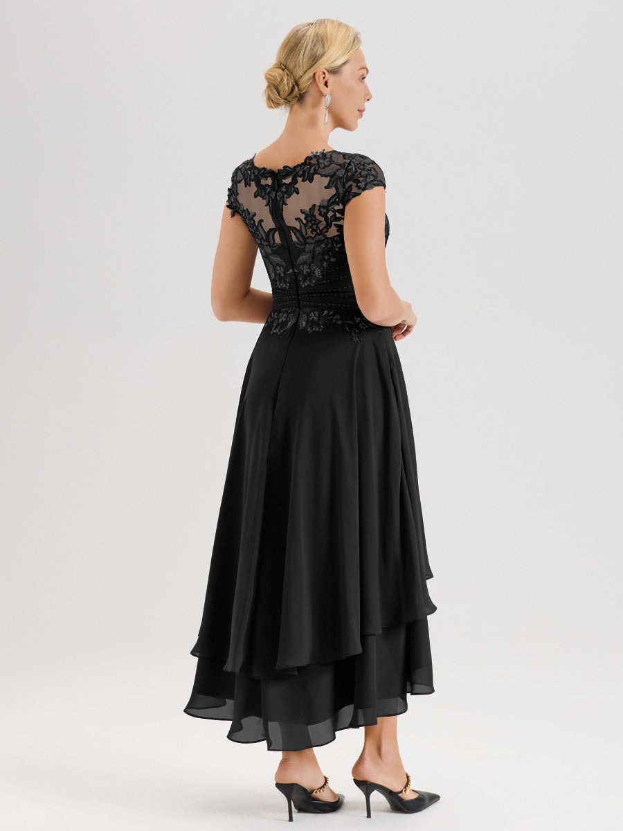 Cicinia Mère De La Mariée Noir Col Ras Du Cou Avec Jupe À Ourlet Asymétrique En Chiffon Et Dentelle Longueur Cheville