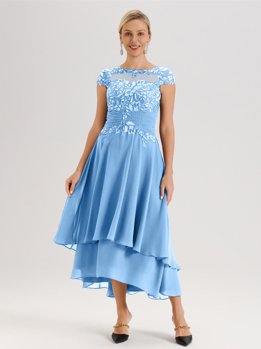 Cicinia Mère De La Mariée Bleu Col Ras Du Cou Avec Jupe À Ourlet Asymétrique En Chiffon Et Dentelle Longueur Cheville