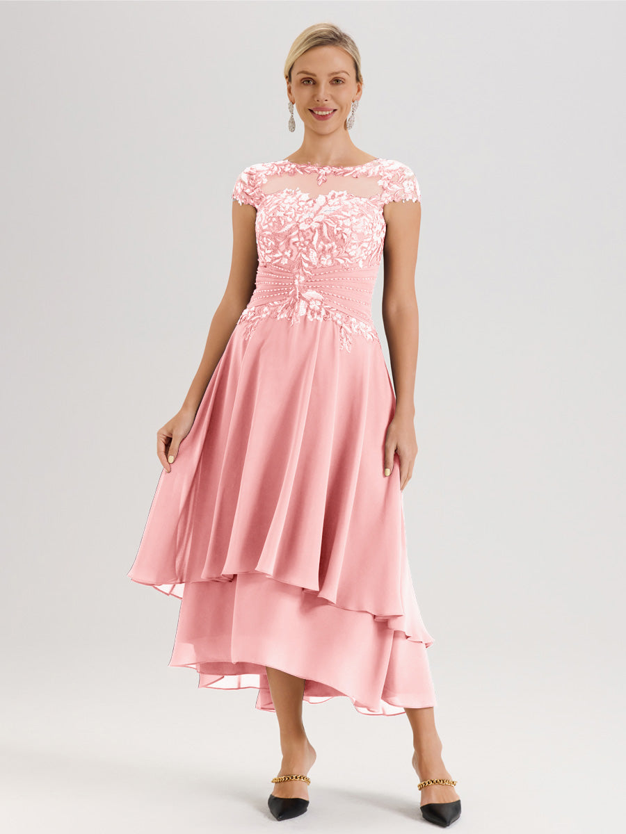 Cicinia Mère De La Mariée Rose Col Ras Du Cou Avec Jupe À Ourlet Asymétrique En Chiffon Et Dentelle Longueur Cheville