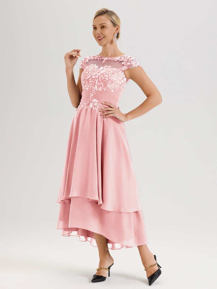 Cicinia Mère De La Mariée Rose Col Ras Du Cou Avec Jupe À Ourlet Asymétrique En Chiffon Et Dentelle Longueur Cheville