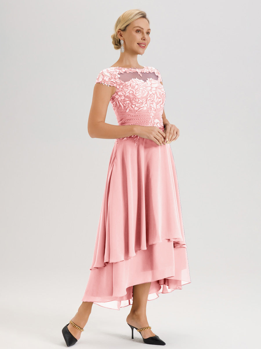 Cicinia Mère De La Mariée Rose Col Ras Du Cou Avec Jupe À Ourlet Asymétrique En Chiffon Et Dentelle Longueur Cheville