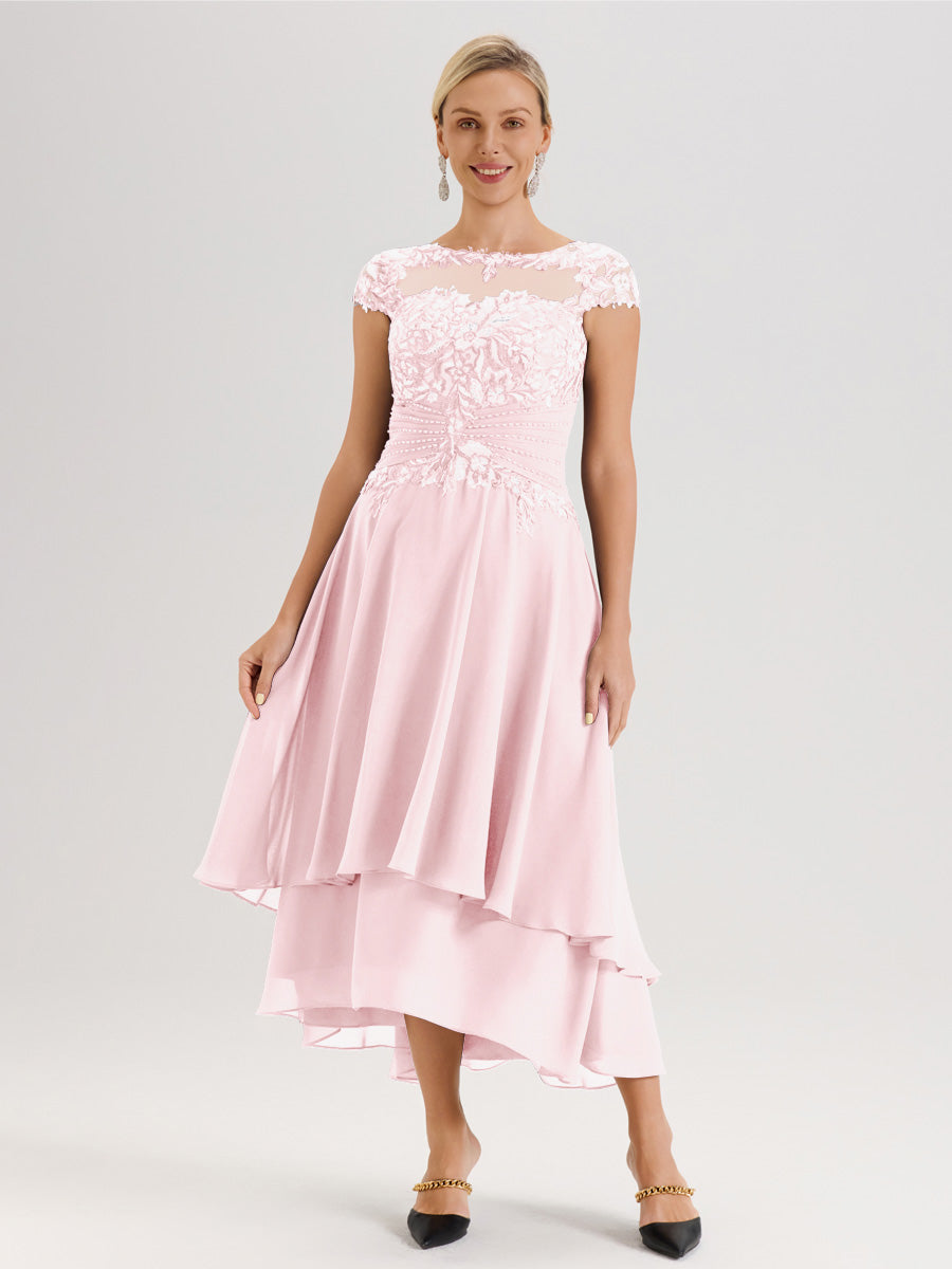 Cicinia Mère De La Mariée Rose Pale Col Ras Du Cou Avec Jupe À Ourlet Asymétrique En Chiffon Et Dentelle Longueur Cheville