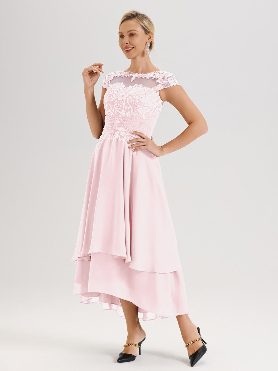 Cicinia Mère De La Mariée Rose Pale Col Ras Du Cou Avec Jupe À Ourlet Asymétrique En Chiffon Et Dentelle Longueur Cheville