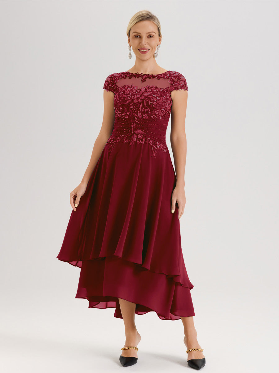 Cicinia Mère De La Mariée Bordeaux Col Ras Du Cou Avec Jupe À Ourlet Asymétrique En Chiffon Et Dentelle Longueur Cheville