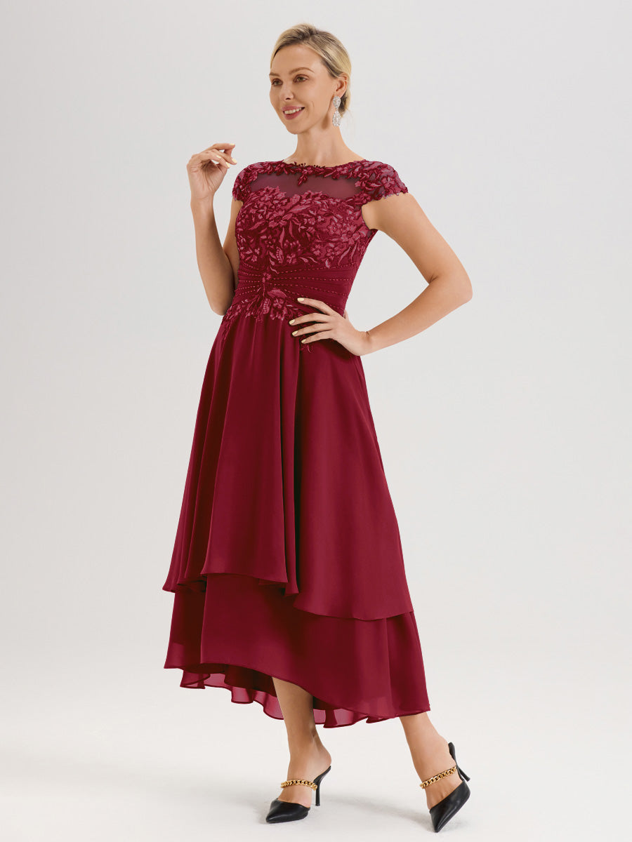 Cicinia Mère De La Mariée Bordeaux Col Ras Du Cou Avec Jupe À Ourlet Asymétrique En Chiffon Et Dentelle Longueur Cheville