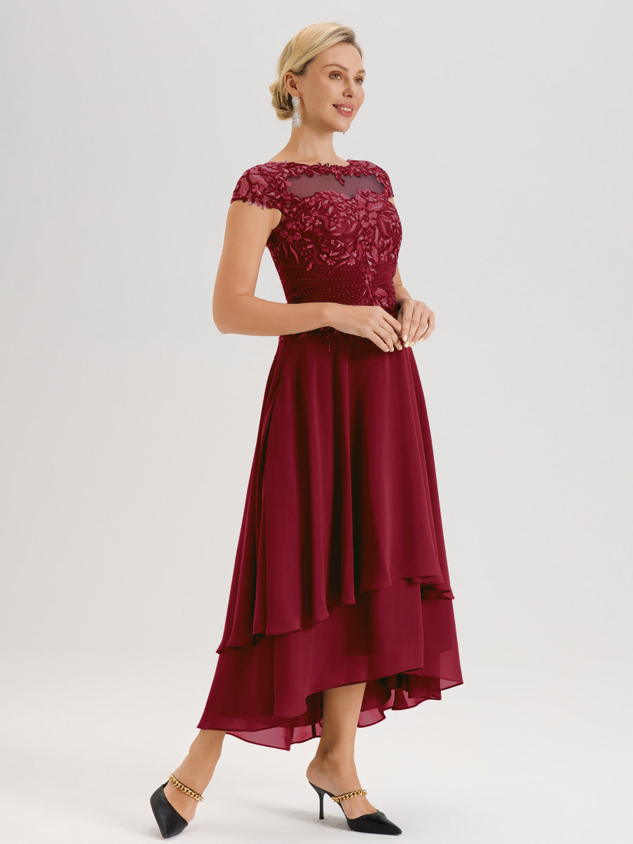 Cicinia Mère De La Mariée Bordeaux Col Ras Du Cou Avec Jupe À Ourlet Asymétrique En Chiffon Et Dentelle Longueur Cheville