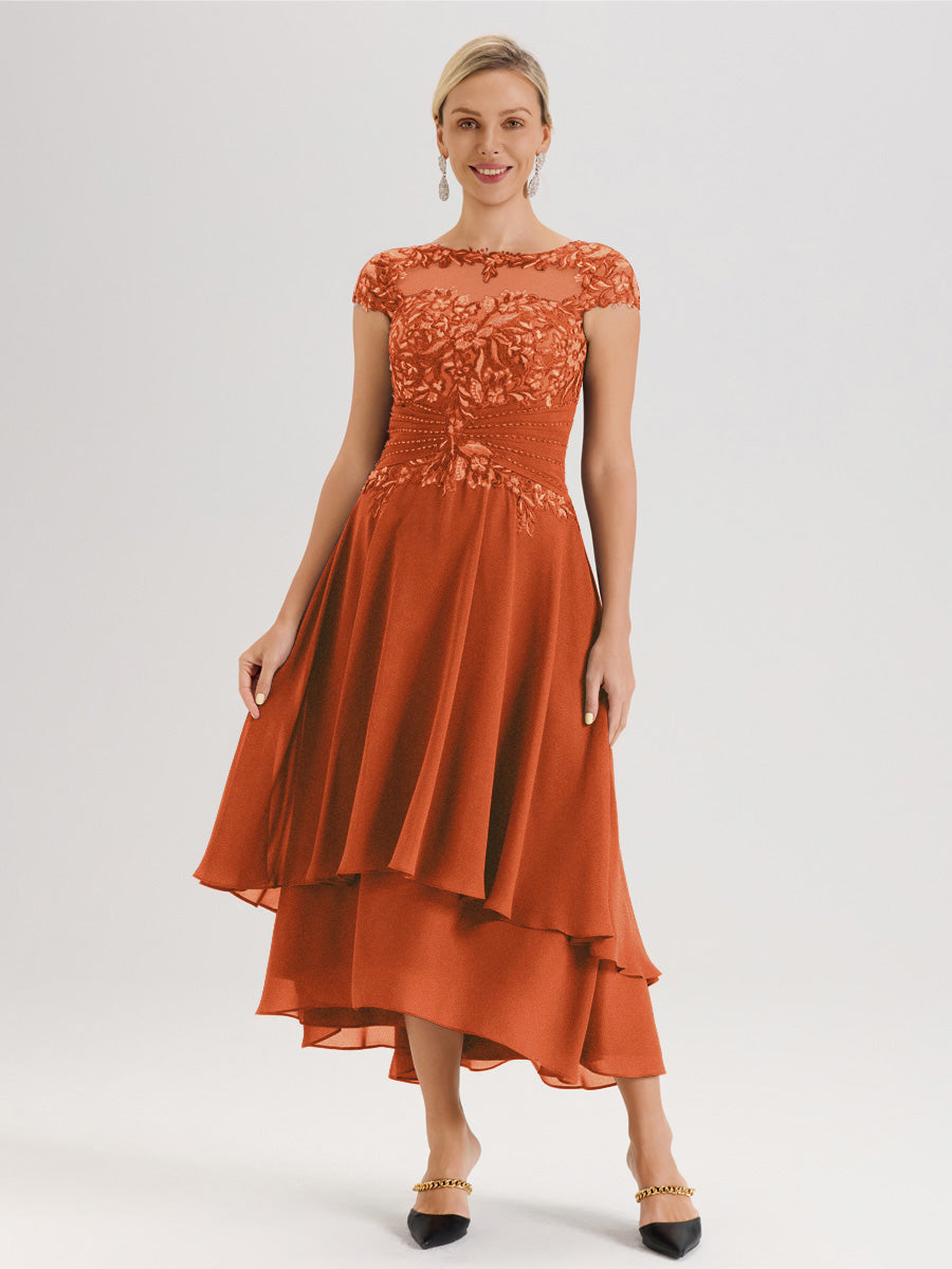 Cicinia Mère De La Mariée Orange Foncé Col Ras Du Cou Avec Jupe À Ourlet Asymétrique En Chiffon Et Dentelle Longueur Cheville