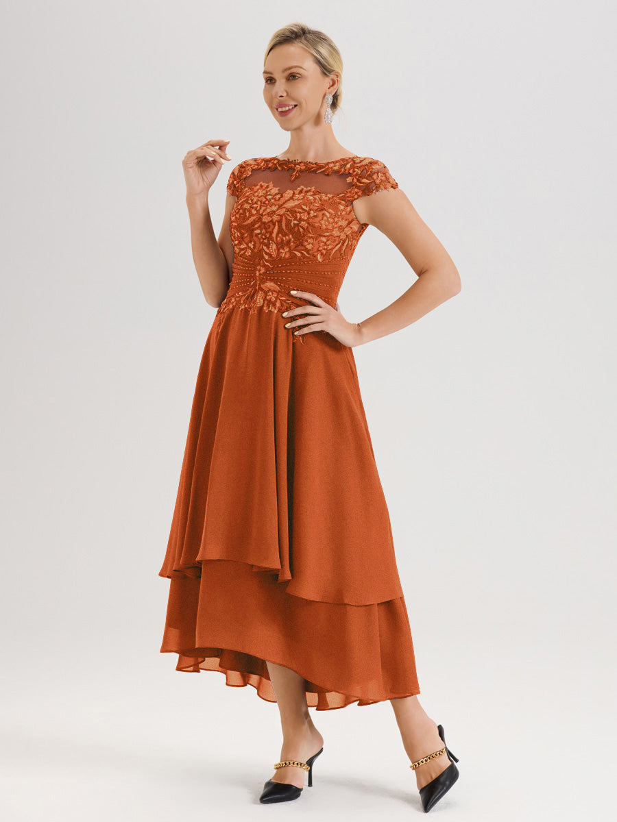 Cicinia Mère De La Mariée Orange Foncé Col Ras Du Cou Avec Jupe À Ourlet Asymétrique En Chiffon Et Dentelle Longueur Cheville