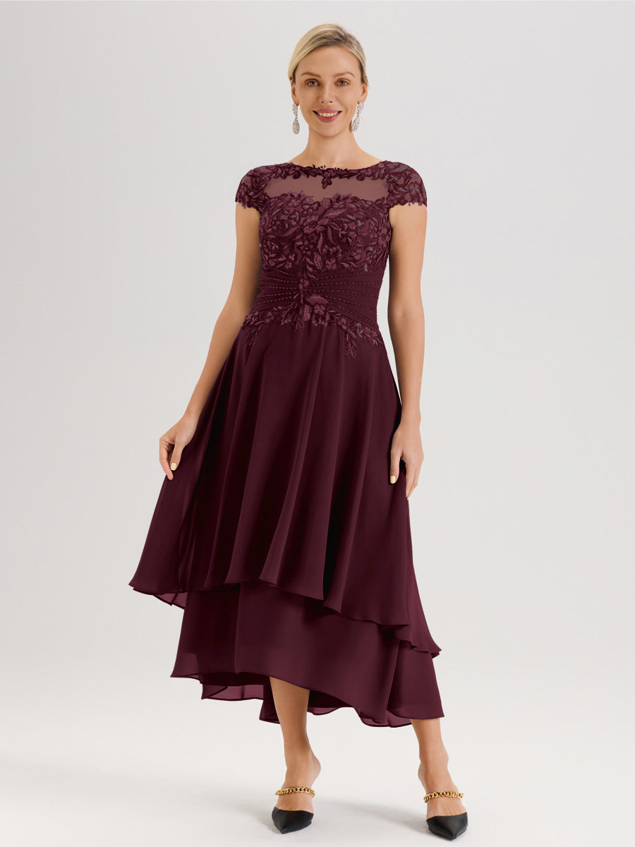Cicinia Mère De La Mariée Cabernet Col Ras Du Cou Avec Jupe À Ourlet Asymétrique En Chiffon Et Dentelle Longueur Cheville