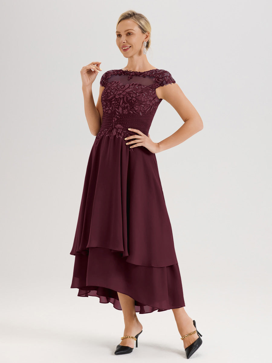 Cicinia Mère De La Mariée Cabernet Col Ras Du Cou Avec Jupe À Ourlet Asymétrique En Chiffon Et Dentelle Longueur Cheville