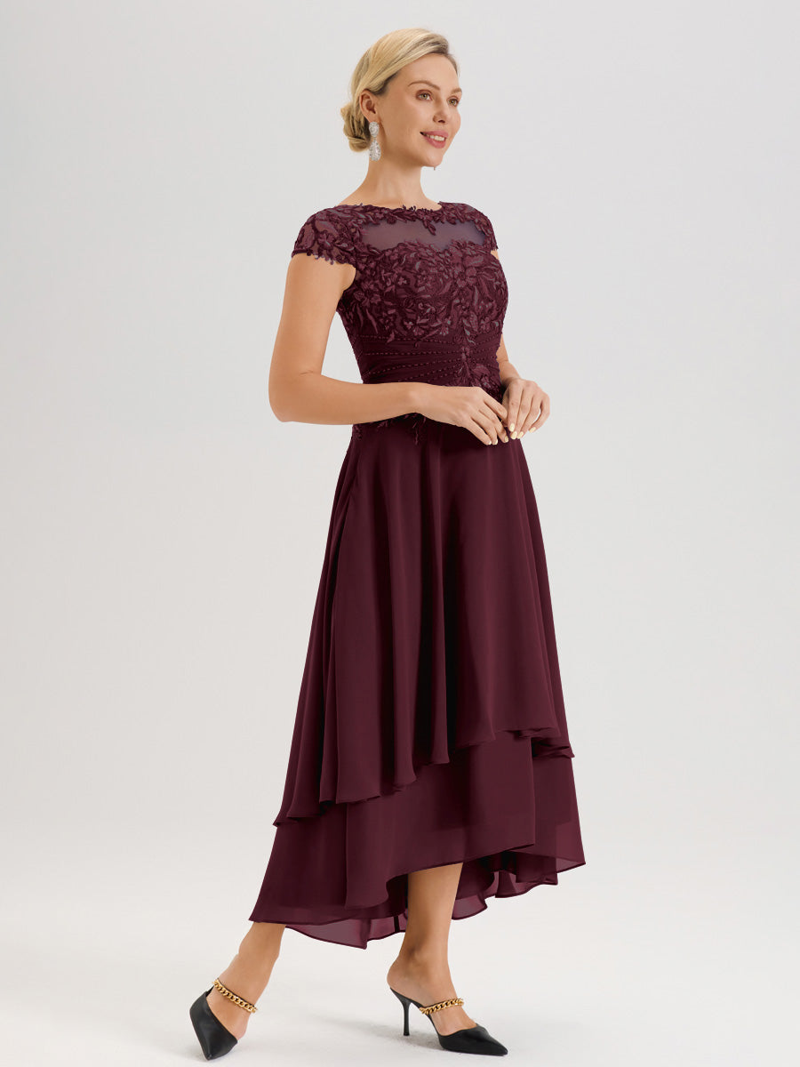 Cicinia Mère De La Mariée Cabernet Col Ras Du Cou Avec Jupe À Ourlet Asymétrique En Chiffon Et Dentelle Longueur Cheville