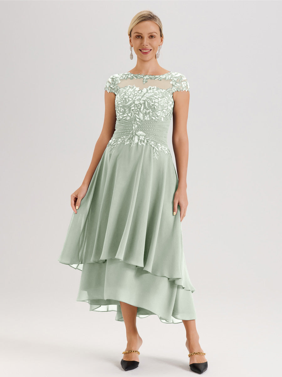 Cicinia Mère De La Mariée Celadon Col Ras Du Cou Avec Jupe À Ourlet Asymétrique En Chiffon Et Dentelle Longueur Cheville