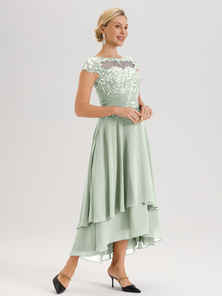 Cicinia Mère De La Mariée Celadon Col Ras Du Cou Avec Jupe À Ourlet Asymétrique En Chiffon Et Dentelle Longueur Cheville