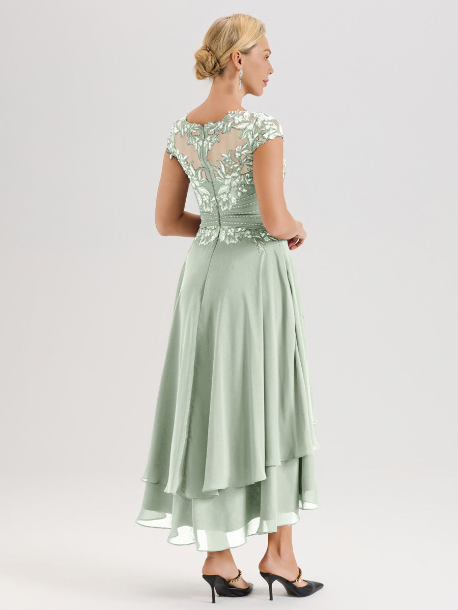 Cicinia Mère De La Mariée Celadon Col Ras Du Cou Avec Jupe À Ourlet Asymétrique En Chiffon Et Dentelle Longueur Cheville