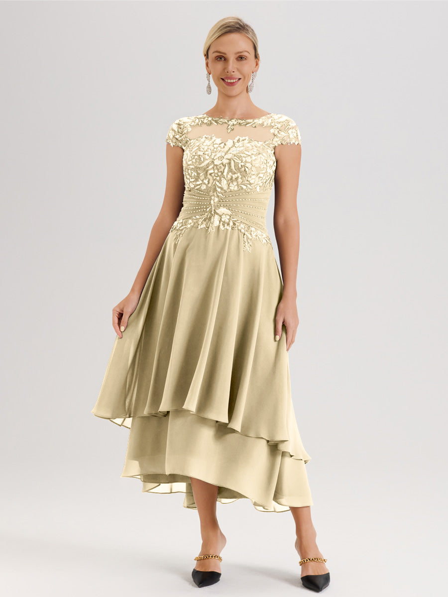 Cicinia Mère De La Mariée Champagne Col Ras Du Cou Avec Jupe À Ourlet Asymétrique En Chiffon Et Dentelle Longueur Cheville