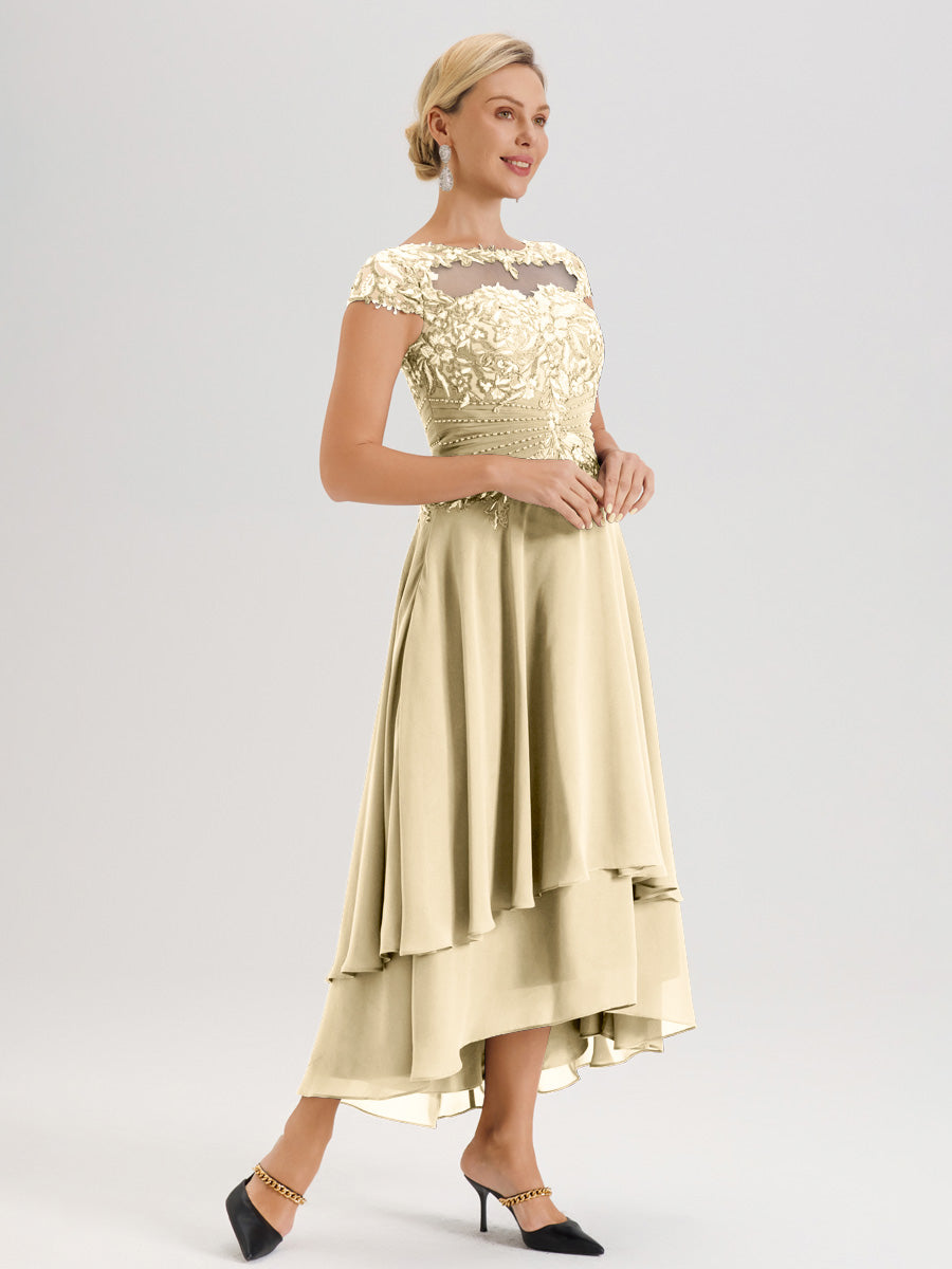 Cicinia Mère De La Mariée Champagne Col Ras Du Cou Avec Jupe À Ourlet Asymétrique En Chiffon Et Dentelle Longueur Cheville