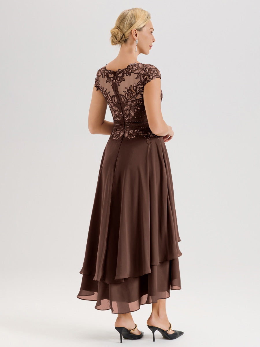 Cicinia Mère De La Mariée En Chocolat Col Ras Du Cou Avec Jupe À Ourlet Asymétrique En Chiffon Et Dentelle Longueur Cheville