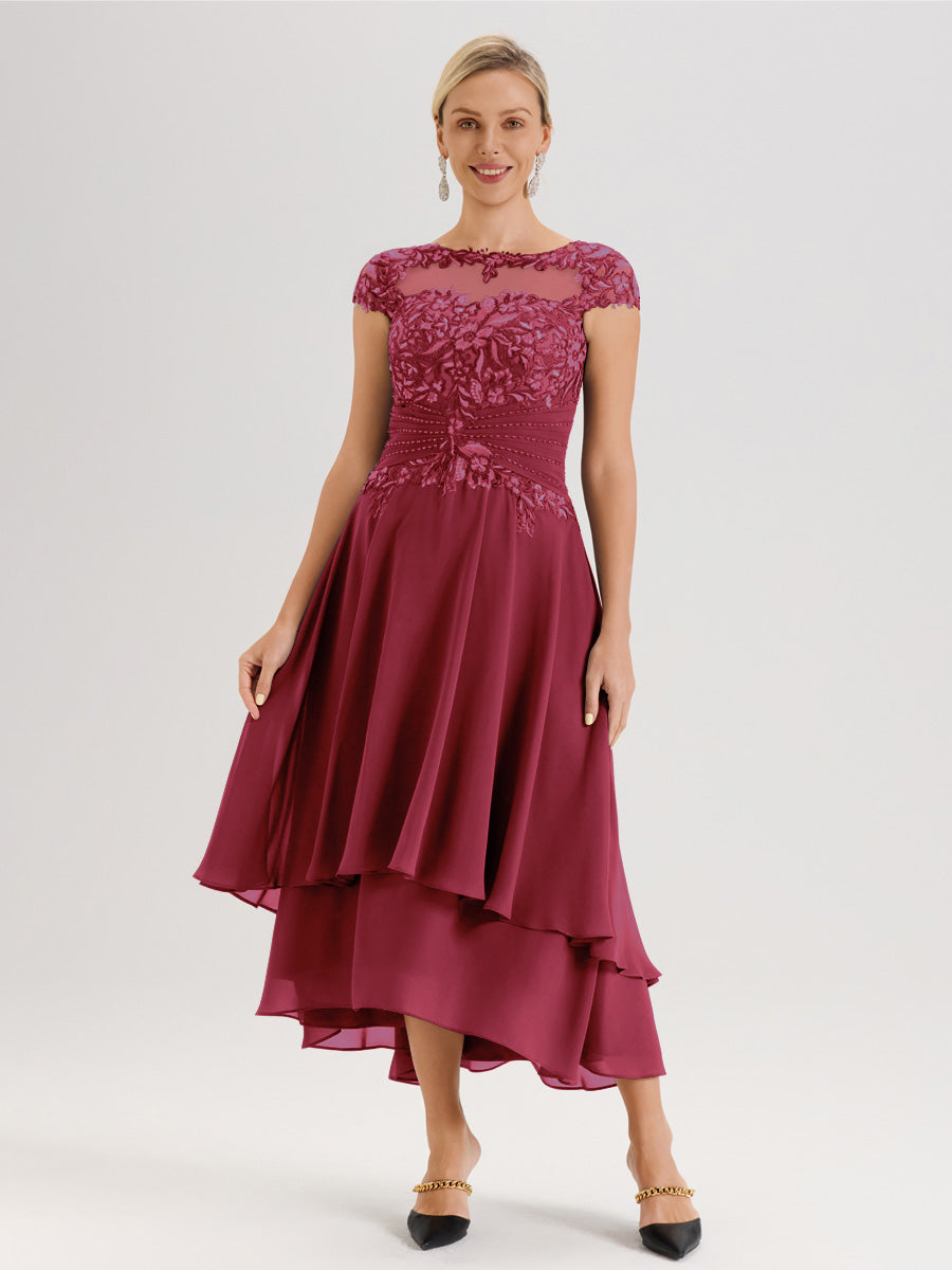 Cicinia Mère De La Mariée Rose Cannelle Col Ras Du Cou Avec Jupe À Ourlet Asymétrique En Chiffon Et Dentelle Longueur Cheville