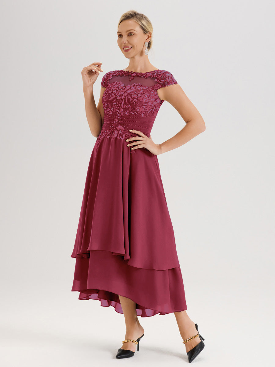 Cicinia Mère De La Mariée Rose Cannelle Col Ras Du Cou Avec Jupe À Ourlet Asymétrique En Chiffon Et Dentelle Longueur Cheville